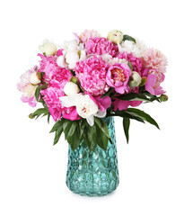 Bouquet of beautiful peonies in vase isolated on white