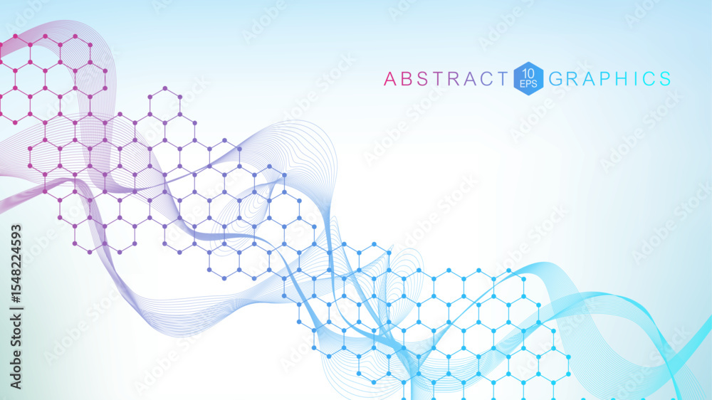 Poster modern scientific background with hexagons, lines and dots. wave flow abstract background. molecular