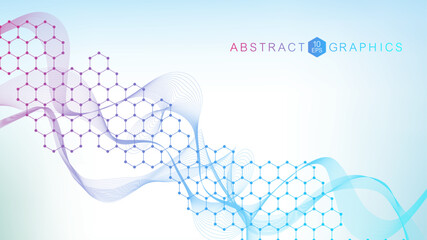 Modern scientific background with hexagons, lines and dots. Wave flow abstract background. Molecular structure for medical, technology, chemistry, science. Vector illustration