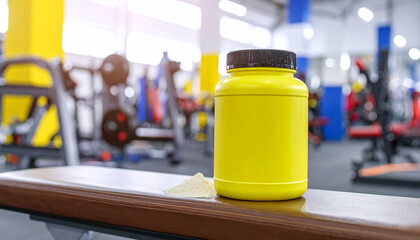 Protein Powder Jar on Gym Bench in Fitness Center – Sports Nutrition and Workout Concept

