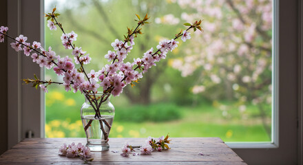 A vase of pink blossoms on a wooden table in front of a window with a green outdoor background scene