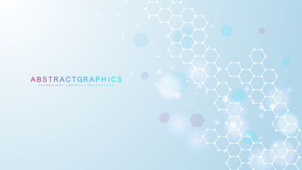 Modern scientific background with hexagons, lines and dots. Wave flow abstract background. Molecular structure for medical, technology, chemistry, science. Vector illustration