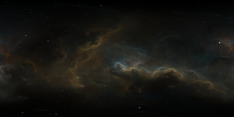 360 degree space nebula. Giant interstellar cloud with stars, equirectangular projection, environment map. Spherical panorama. 3D rendering, fractal image