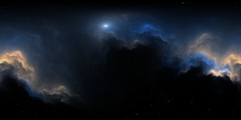 360 degree space nebula. Giant interstellar cloud with stars, equirectangular projection, environment map. Spherical panorama. 3D rendering, fractal image