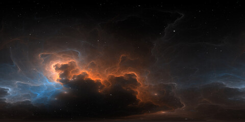 360 degree space nebula. Giant interstellar cloud with stars, equirectangular projection, environment map. Spherical panorama. 3D rendering, fractal image
