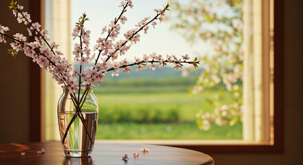 Cherry blossom branches in a vase on a table near a window overlooking a green field landscape outside