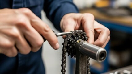 Close-up of bicycle chain repair with screwdriver, mechanic adjusting gear system