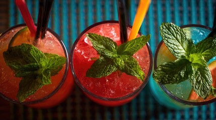 Clinking cocktail tumblers with garnish, viewed from above with colored straws