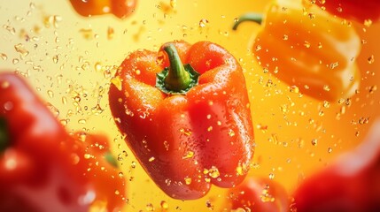 Red bell pepper with splash water freeze motion bright yellow background vibrant food photography concept