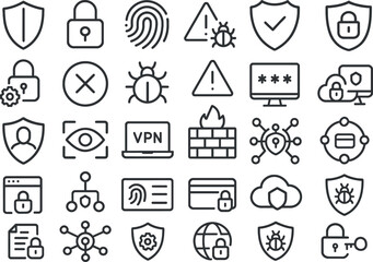 Fototapeta premium 30 Cybersecurity Line Icons – Minimalist Black Vector Set for Tech and Data Protection