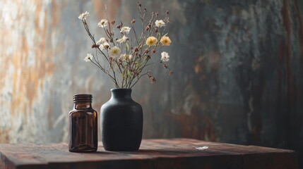Rustic wooden table with black vase and dried flowers against dark artistic background wall