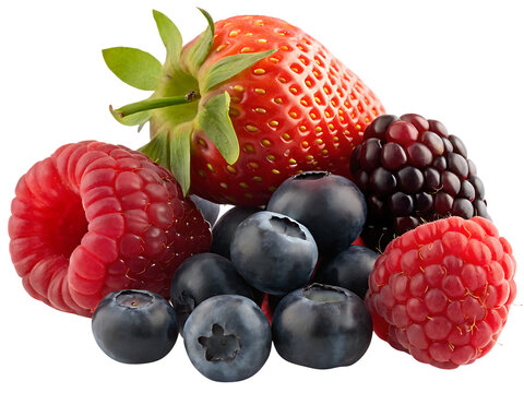 Fresh berries mix strawberry raspberry blueberry blackberry isolated on white background png - Powered by Adobe