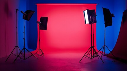 Professional photo studio setup with red and blue lights on backdrop and tripods ready to shoot
