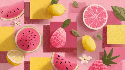 Colorful pattern of citrus fruits and watermelon slices on pink and yellow background