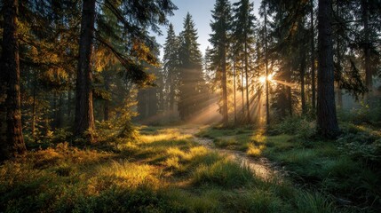 Obraz premium Early morning sunlight streams through the tall trees in a serene forest, creating a peaceful atmosphere with soft shadows and lush greenery surrounding a winding path.