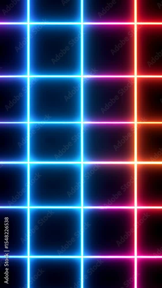 Poster Neon grid pattern glowing blue pink orange lines creating vibrant futuristic digital background with glowing effect and dark squares black background