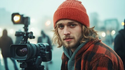 Obraz premium A young man wearing a beanie captures moments with his camera in an urban environment, expressing the creativity and passion of photography in a cool, foggy atmosphere.
