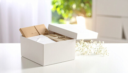 Unboxing Scene on Clean Table Minimalist Setup Product Reveal Fresh New Packaging

