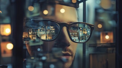 Fototapeta premium Stylish man with sunglasses reflecting urban city lights in modern nightlife fashion portrait scene