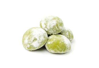 Matcha mochi rice cake, green tea daifuku, Japanese traditional dessert, round wagashi