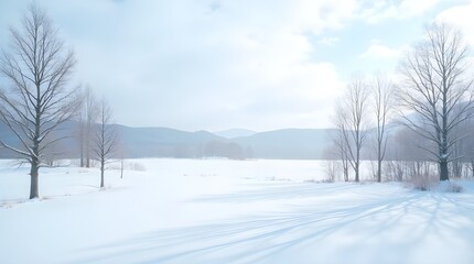 Obraz premium a snow-covered field bordered by bare trees, long shadows stretching across the powdery surface, distant hills barely visible in soft haze -
