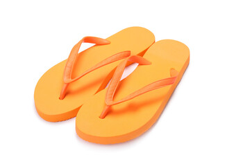 Stylish orange flip flops isolated on white. Beach accessory