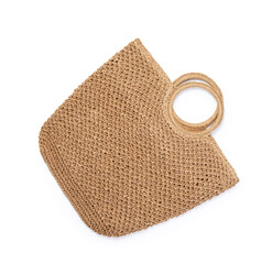 Stylish brown beach bag isolated on white, top view