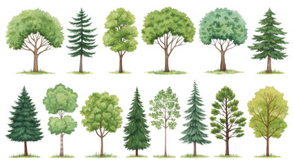 Watercolor Tree Collection 24 Isolated Green Trees on Transparent Background, Forest, Nature, Tree, illustration, clipart