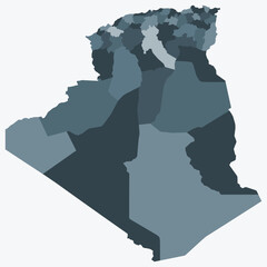 Map of Algeria with regions. Just a simple country border map with region division. Blue grey color palette. Flat People's Democratic Republic of Algeria shape with administrative division.