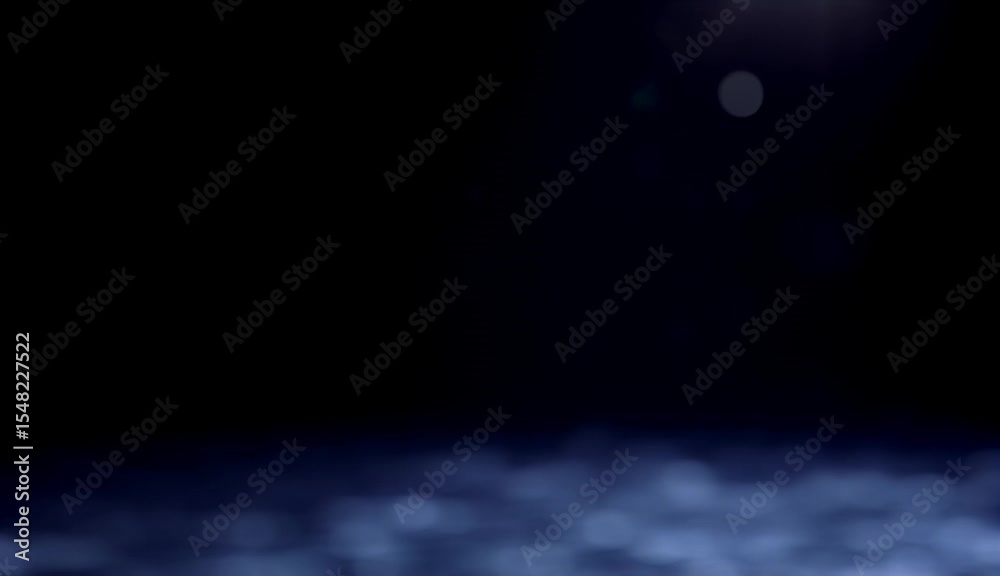 Poster Blue light reflection on water surface with dark background and ripple wave creating calm mysterious atmosphere with soft glowing light particles