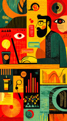 Obraz premium A stylized illustration features a man with a beard and glasses sitting at table with laptop, surrounded by abstract patterns, charts, and digital icons