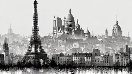 Monochrome Paris Skyline with Eiffel Tower, Sacr?-C?ur Basilica, and Notre-Dame Cathedral - Powered by Adobe