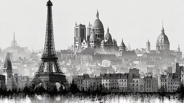 Monochrome Paris Skyline with Eiffel Tower, Sacr?-C?ur Basilica, and Notre-Dame Cathedral