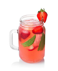 Refreshing drink with strawberries, mint and ice in glass on mirror surface against white background