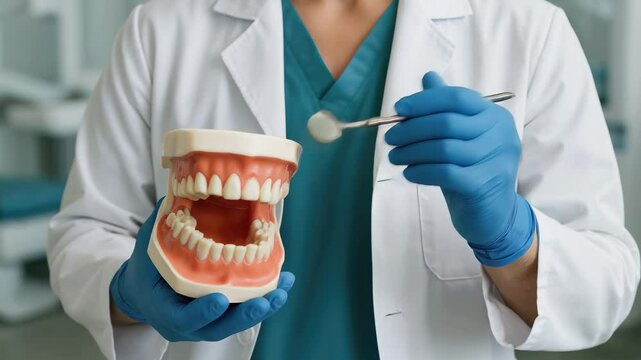 Dentist using a realistic anatomical model of human jaws to explain dental structure or hygiene practices.