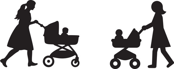 Silhouette of mothers walking with baby strollers