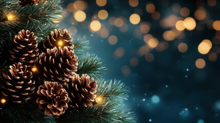 Obraz premium A close-up shot of pinecones adorned with twinkling lights, capturing the festive spirit of winter and the charm of holiday decorations in a serene and enchanting atmosphere.