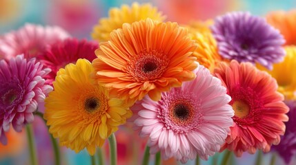 Vibrant gerbera daisies bloom in a rainbow of colors, showcasing pink, orange, yellow, and purple flowers. This lively display adds cheerfulness to any space. © mila103