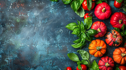 Colorful Mini Pumpkins on a Soft Blue Surface Background