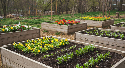 A view of raised garden beds with flowers and plants in a garden setting on a bright sunny day outdoors