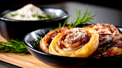 Sweet cinnamon rolls dusted with powdered sugar and fresh rosemary.