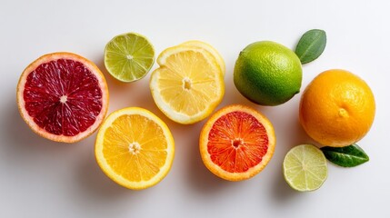 Assortment of ripe citrus fruits arranged on a white surface in a top-down view