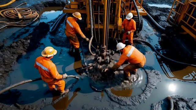 Oil Drilling Team Working in Muddy Industrial Zone Surrounded by Equipment and Black Sludge Under Harsh Light
