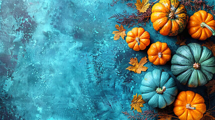 Colorful Mini Pumpkins on a Soft Blue Surface Background