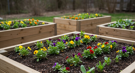 Raised garden beds filled with colorful pansies and other plants in a backyard setting outdoors view
