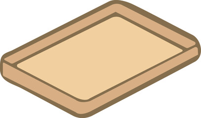 This is a simple isometric illustration of an empty wooden tea tray with soft pastel colors and clean outlines.