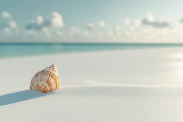 A single shell rests on smooth white sand along a quiet beach