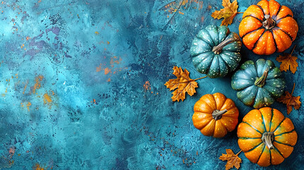 Colorful Mini Pumpkins on a Soft Blue Surface Background