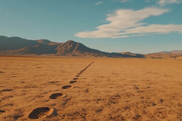 A lone trail of footprints crosses a vast sandy shore