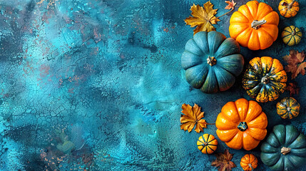 Colorful Mini Pumpkins on a Soft Blue Surface Background